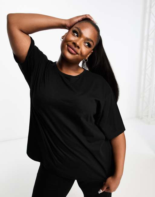 ASOS DESIGN Curve - Mix en match - Oversized katoenen pyjama-T-shirt in zwart, 3 van 4