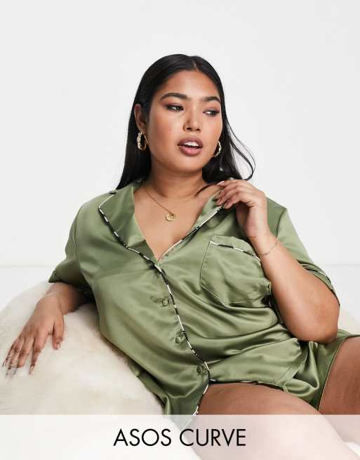 ASOS DESIGN Curve - Mix en match - Satijnen set in olijfgroen, 3 van 5