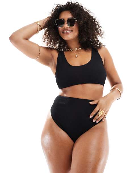 ASOS DESIGN Curve - Mix en match - Set met skinny cropped bikinitopje van kreukelstof met lage ronde hals in zwart - view 1