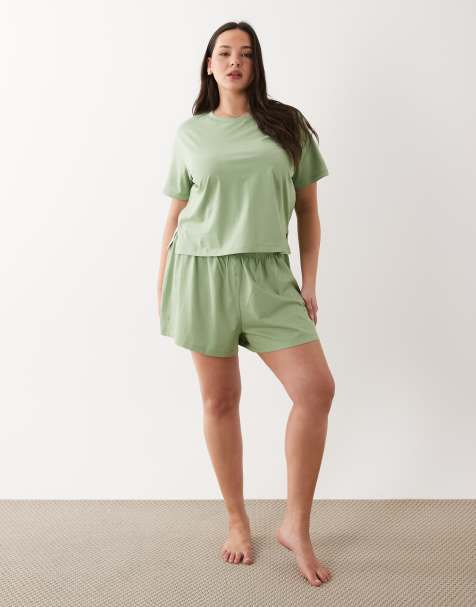 ASOS DESIGN Curve - Mix en match - Zwierige pyjamashort van katoen in pistache groen - view 1