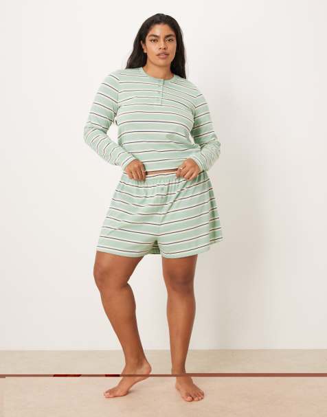 ASOS DESIGN Curve mix & match boxer pyjama shorts in sage & blue stripe - view 1