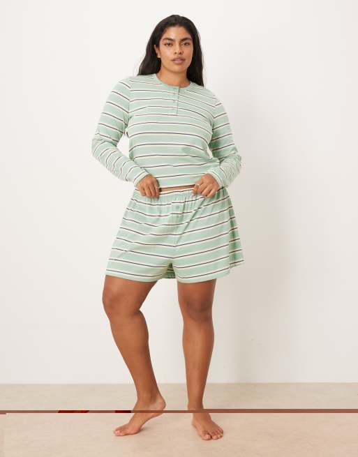 ASOS DESIGN Curve mix & match boxer pyjama shorts in sage & blue stripe