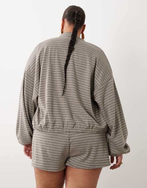 ASOS DESIGN Curve mix & match brushed check jacket in brown check print, 4 of 4