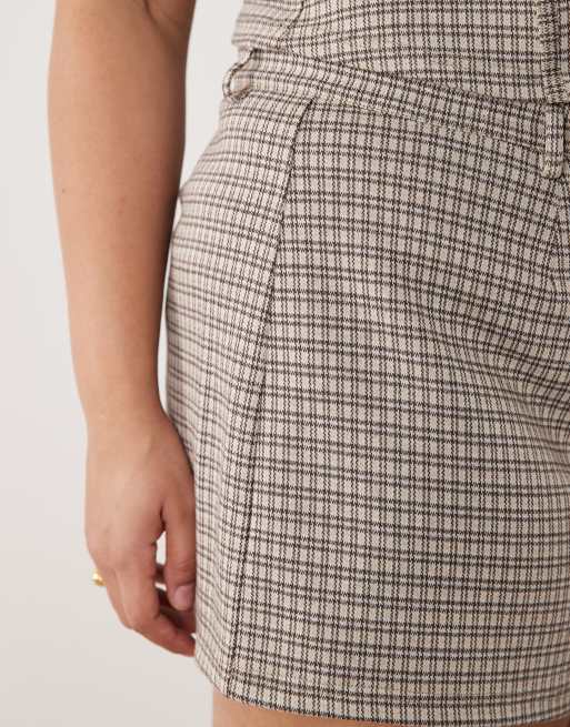 ASOS DESIGN Curve mix & match brushed mini short in brown check print, 3 of 5