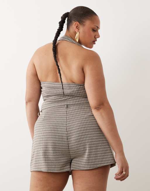 ASOS DESIGN Curve mix & match brushed mini short in brown check print, 5 of 5