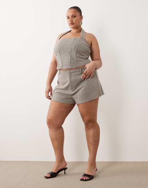 ASOS DESIGN Curve mix & match brushed mini shorts in brown plaid print - view 1