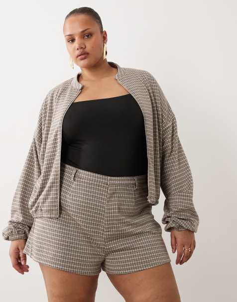 ASOS DESIGN Curve mix & match brushed plaid funnel neck jacket in brown - view 1
