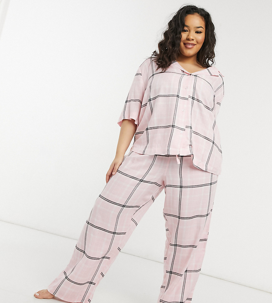 ASOS DESIGN Curve mix & match check straight leg pajama pants with jacquard waistband in pink