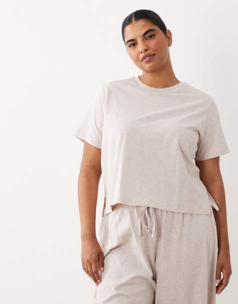 ASOS DESIGN Curve mix & match cotton blend pajama oversized tee with side slits in heathered oatmeal - view 1