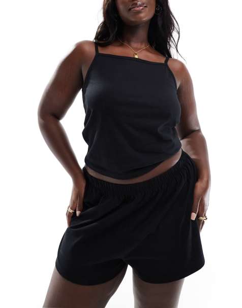 ASOS DESIGN Curve mix & match cotton cami pajama tank top in black - view 1