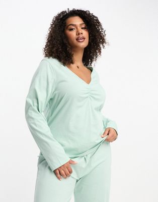 ASOS DESIGN Curve mix & match cotton long sleeve pyjama top with picot trim in sage