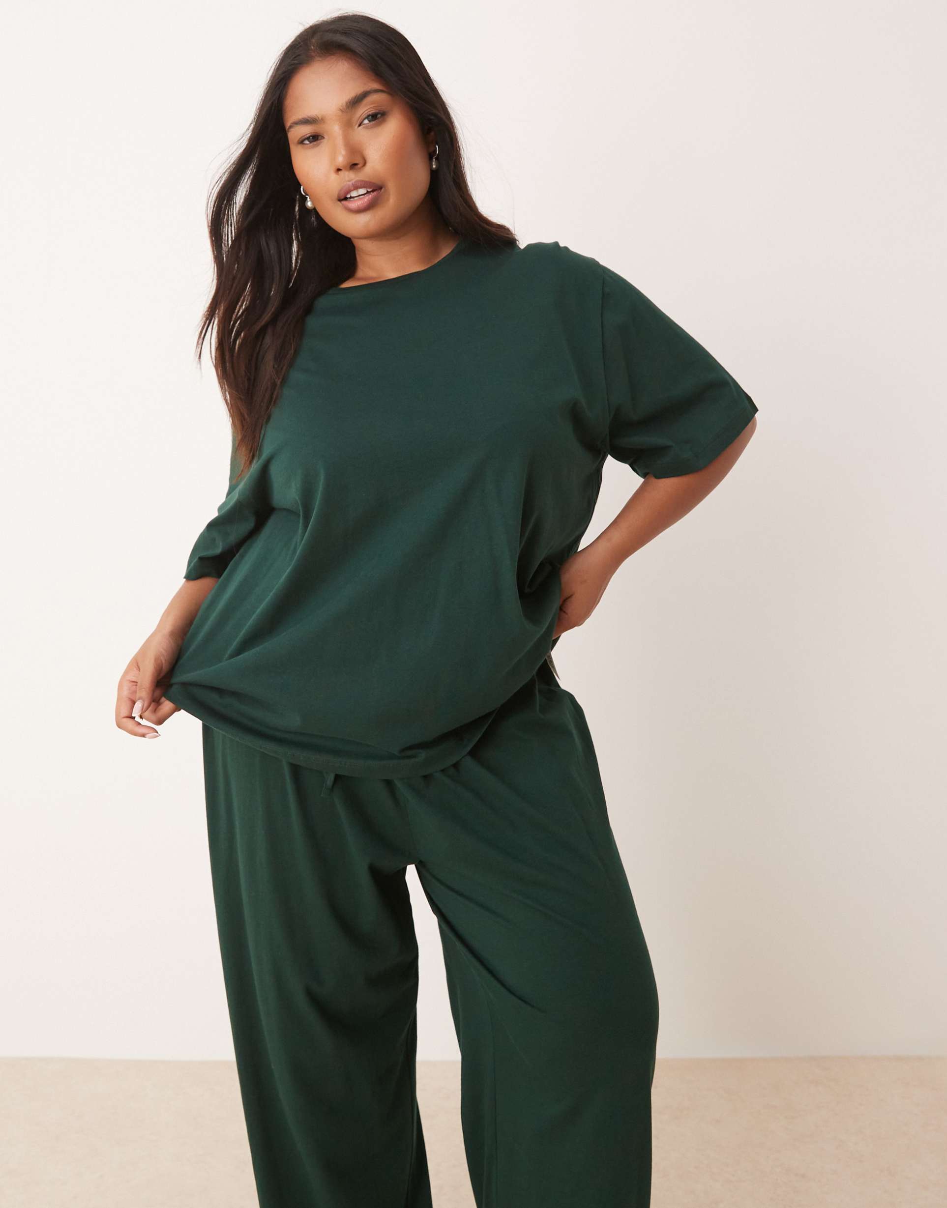 asos design curve mix & match cotton oversized pajama tee in forest green