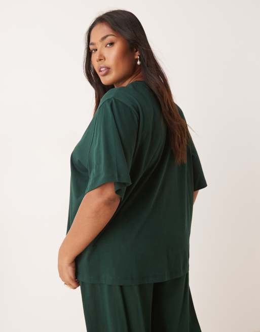 ASOS DESIGN Curve mix & match cotton oversized pajama tee in forest green, 3 of 4