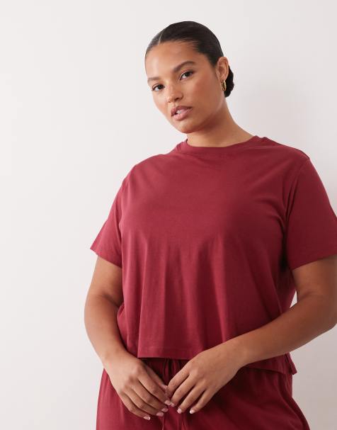ASOS DESIGN Curve mix & match cotton oversized pyjama tee in burgundy - view 1