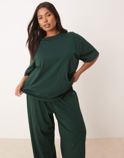 ASOS DESIGN Curve Mix & Match cotton oversized pyjama tee in forest green - view 1