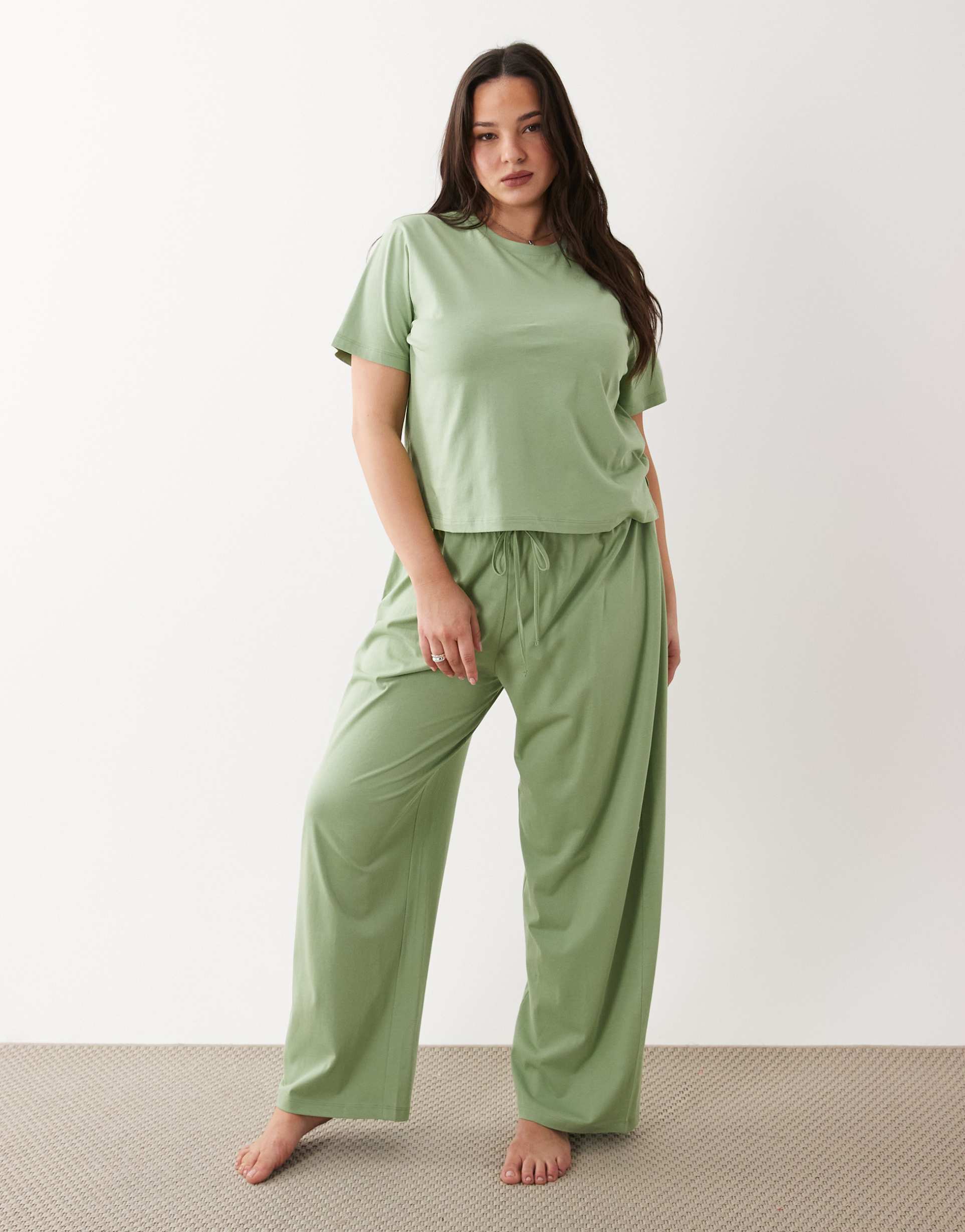 asos design curve mix & match cotton pajama pants in sage green