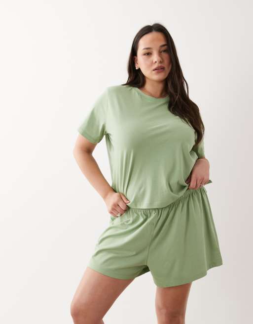 ASOS DESIGN Curve mix & match cotton pyjama flippy short in pistachio green - MGREEN, 2 of 5