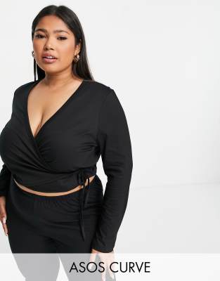 ASOS DESIGN Curve mix & match cotton pyjama long sleeve wrap top in black - BLACK - ASOS Price Checker