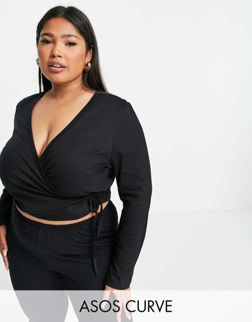 ASOS DESIGN Curve wrap long sleeve bodysuit in black