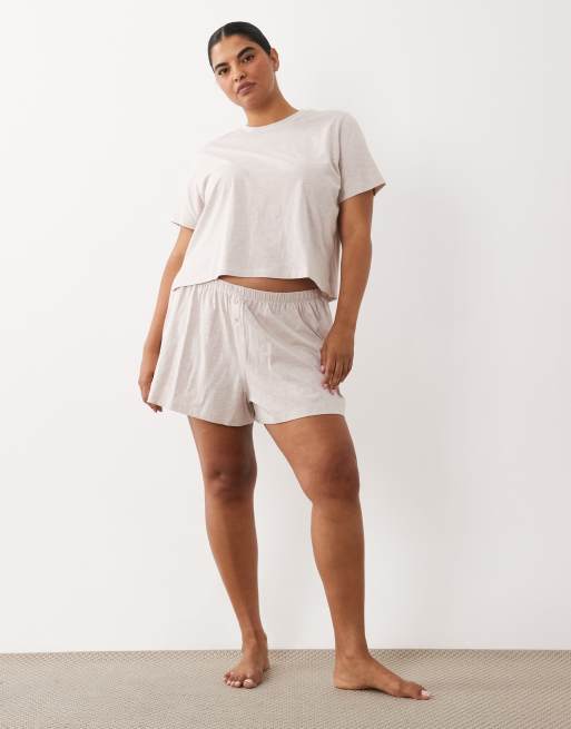 ASOS DESIGN Curve mix & match cotton pyjama short in oatmeal marl, 2 of 4