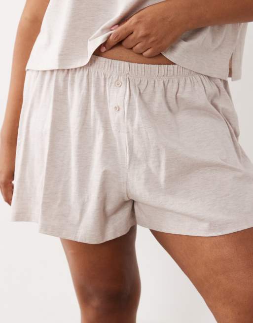 ASOS DESIGN Curve mix & match cotton pyjama short in oatmeal marl, 3 of 4