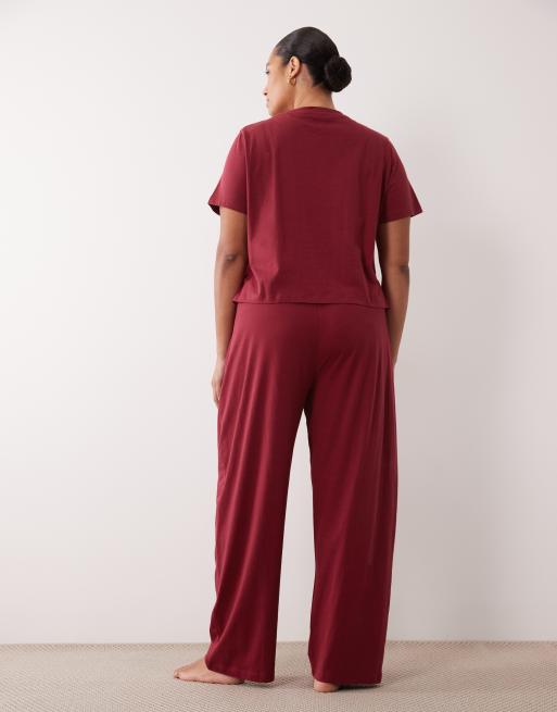 ASOS DESIGN Curve mix & match cotton pyjama trouser in burgundy, 3 of 4