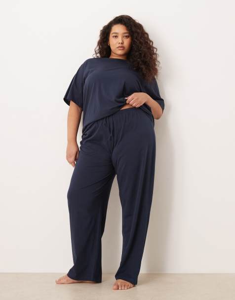 ASOS DESIGN Curve mix & match cotton pyjama trouser in navy - view 1