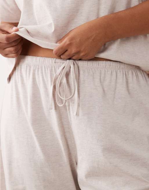 ASOS DESIGN Curve mix & match cotton pyjama trouser in oatmeal marl, 3 of 4