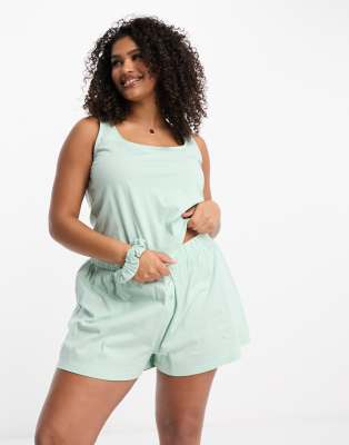 ASOS CURVE ASOS DESIGN CURVE MIX & MATCH COTTON SQUARE NECK PAJAMA TANK TOP WITH SCRUNCHIE IN SAGE-GREEN 