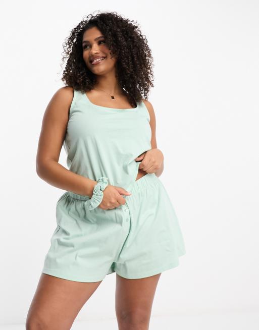 ASOS DESIGN mix & match cotton square neck pajama tank top with scrunchie  in sage