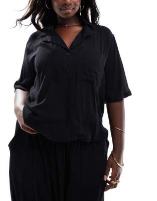 Asos Curve Curve Mix & Match Crinkle Boxy Beach Shirt In Black