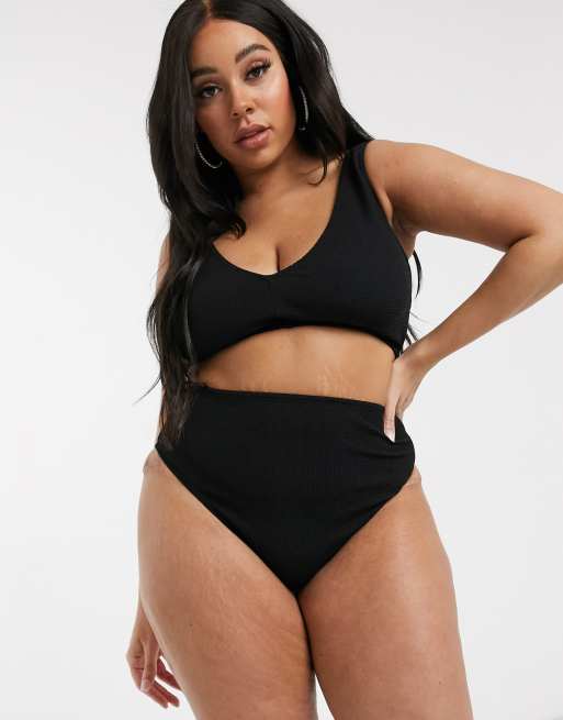 ASOS DESIGN Curve – Mix & Match – Czarny marszczony dół od bikini z wysokim stanem, 3 z 4