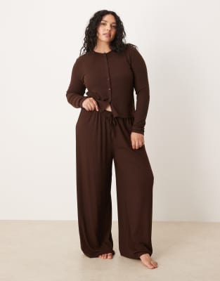 ASOS DESIGN Curve - Mix & Match - Gerippte Lounge-Hose in Schokobraun mit weitem Bein-Brown