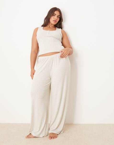 ASOS DESIGN Curve – Mix & Match – Gerippte Pyjamahose in Beige - view 1