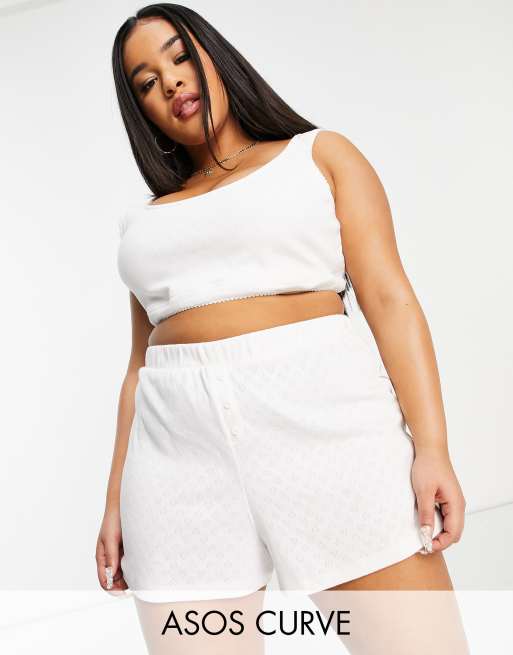 ASOS DESIGN Curve mix & match heart pointelle pajama boxer shorts in white