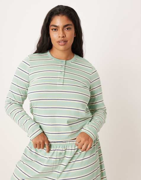 ASOS DESIGN Curve mix & match henley pyjama top in sage & blue Stripe - view 1
