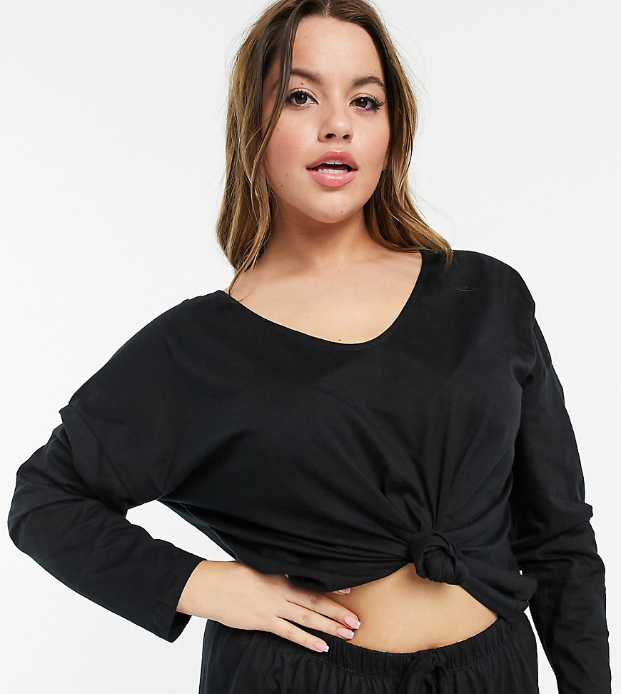 ASOS DESIGN Curve mix & match knot front long sleeve jersey pajama top in black