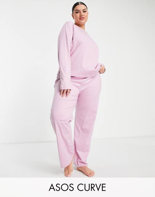 ASOS DESIGN Curve – Mix & Match – Langärmliges Pyjamashirt aus Baumwolljersey in Rosa - PINK