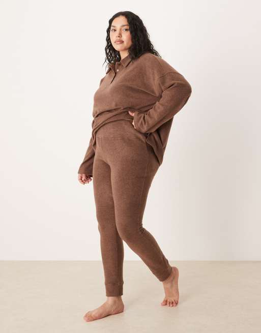 ASOS DESIGN Curve - Mix & Match - Leggings da casa in pile leggero marrone cioccolato