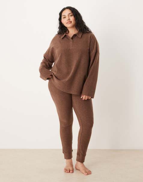 ASOS DESIGN Curve mix & match lightweight fleece collared sweater in chocolate brown - view 1