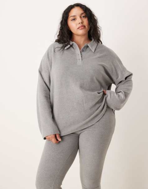 ASOS DESIGN Curve mix & match lightweight fleece collared sweater in light gray - view 1