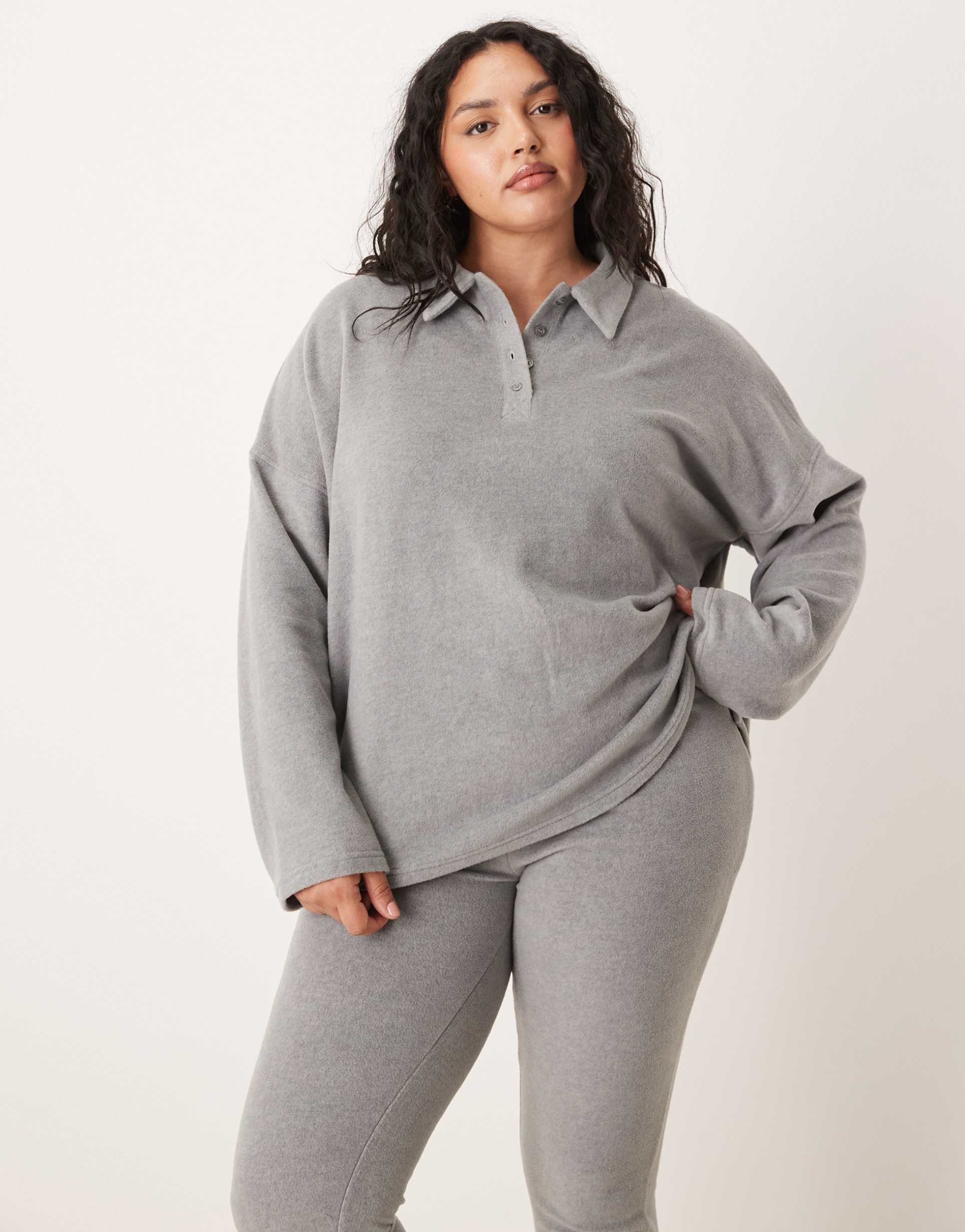 asos design curve mix & match lightweight fleece collared sweater in light gray