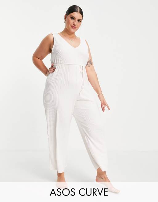 ASOS DESIGN Curve mix & match lounge super soft rib jumpsuit with waist tie in ecru