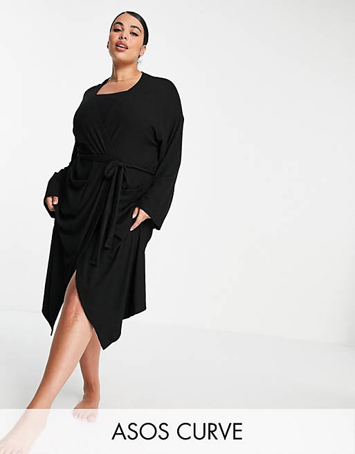 ASOS DESIGN Curve mix & match lounge super soft rib midi robe in black