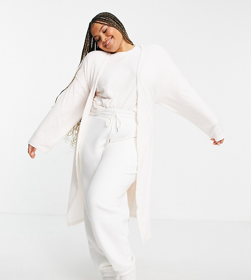 ASOS DESIGN Curve mix & match lounge super soft rib midi robe in ecru-White