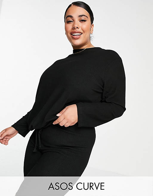 ASOS DESIGN Curve mix & match lounge super soft rib sweatshirt with channelling in black