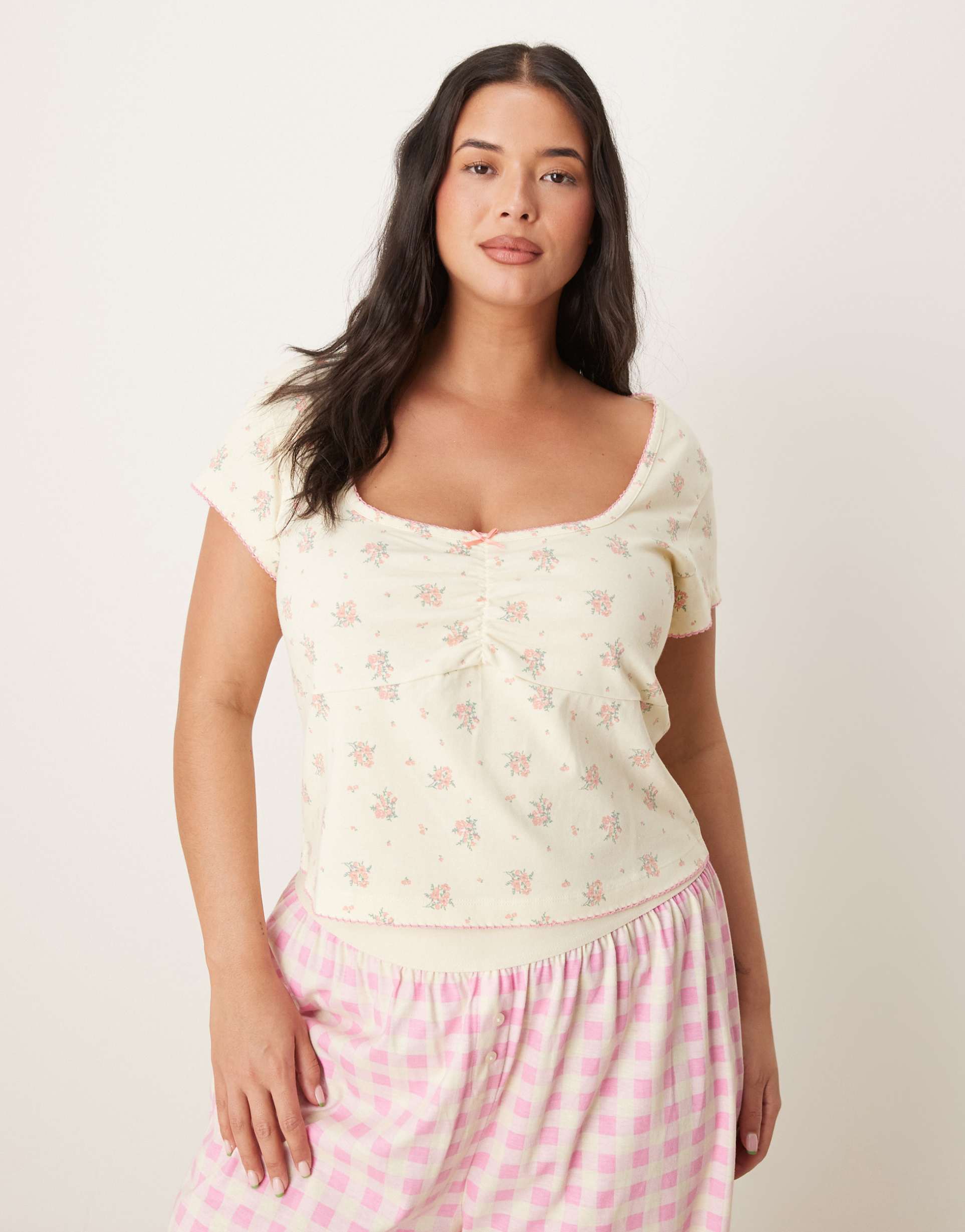 asos design curve mix & match milkmaid pajama top in pale yellow floral print