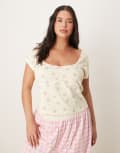 [ASOS Curve] ASOS DESIGN Curve mix & match milkmaid pyjama top in pale yellow ditsy print-Multi L Ditsy