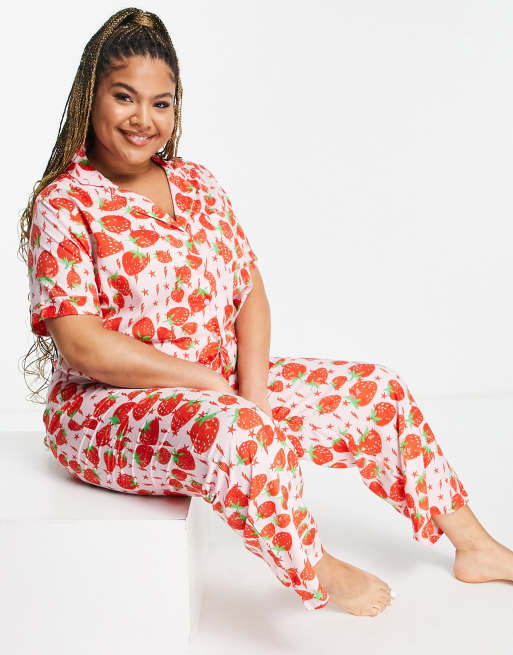 ASOS DESIGN Curve mix & match modal lightning bolt strawberry pajama bottom  in pink