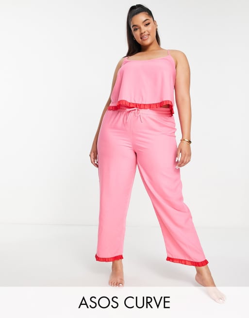 ASOS DESIGN Curve mix & match modal pajama pants with contrast frill in  pink & red